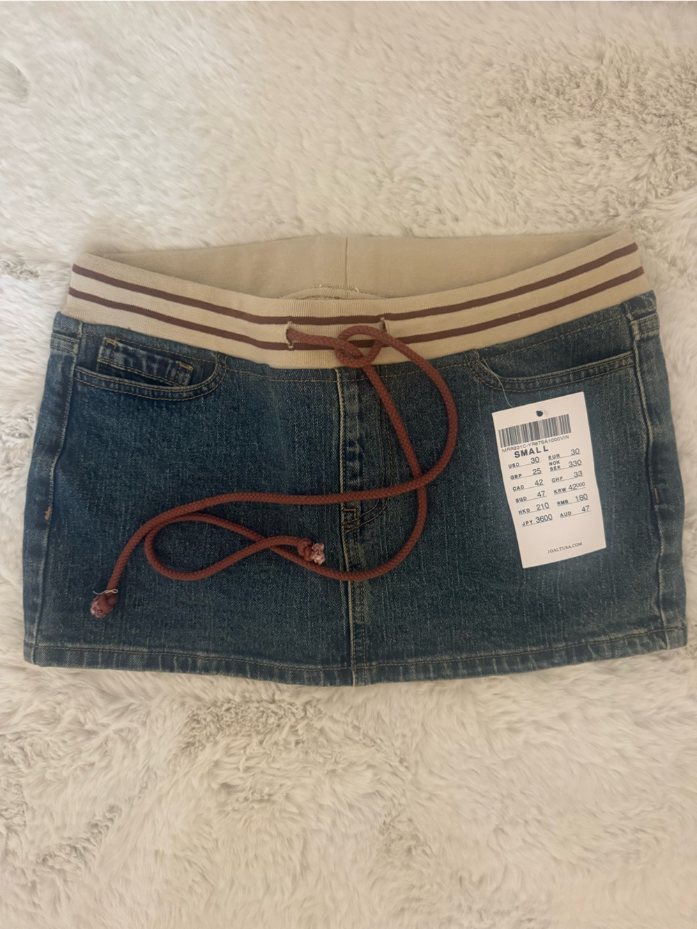 Brandy Melville Blue Denim Mini Skirt with Cream & Brown Band